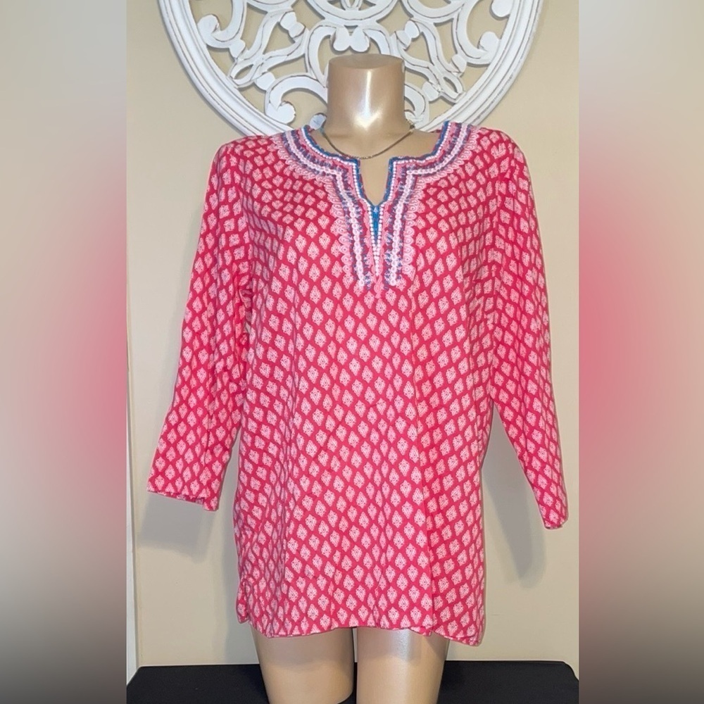Talbots women’s XL 16 18 tunic top blouse pink white pattern embroidered cotton